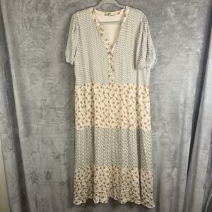 My Danielle Floral Patchwork Midi Dress SZ XXL Textured Cottage Tiered Boho
